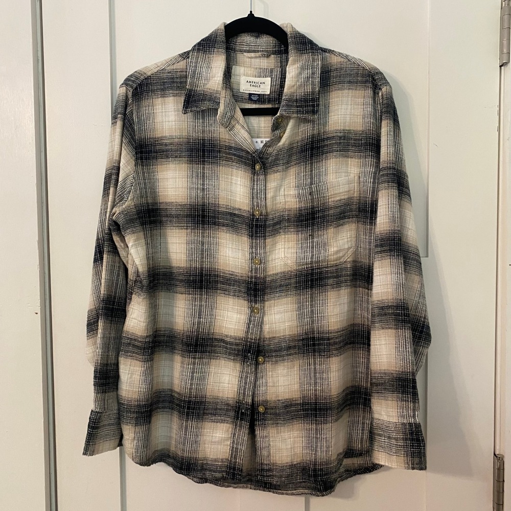 NWT American Eagle Small Neutral Plaid Flannel Shirt Cream Tan Black 90s Grunge